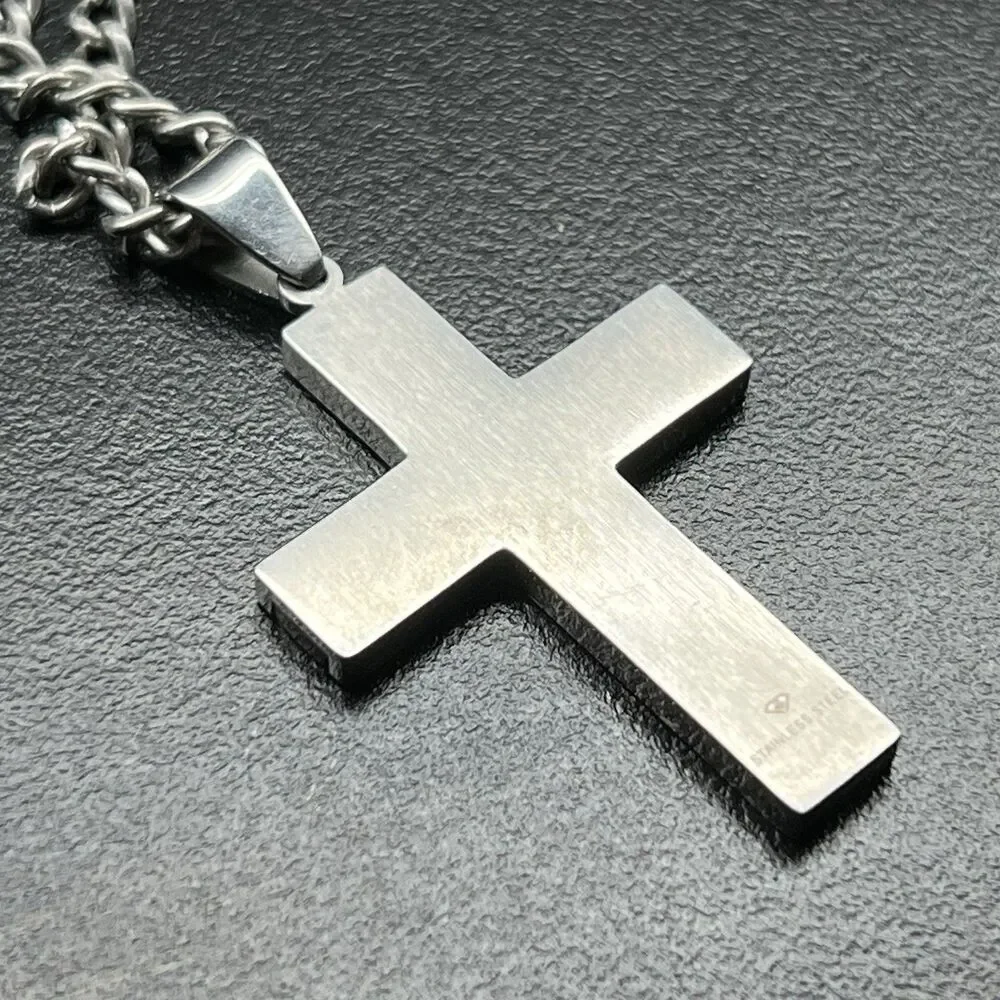Cross Necklace- Black & Silver Tone 24” Chain- Lobster Claw Clasp